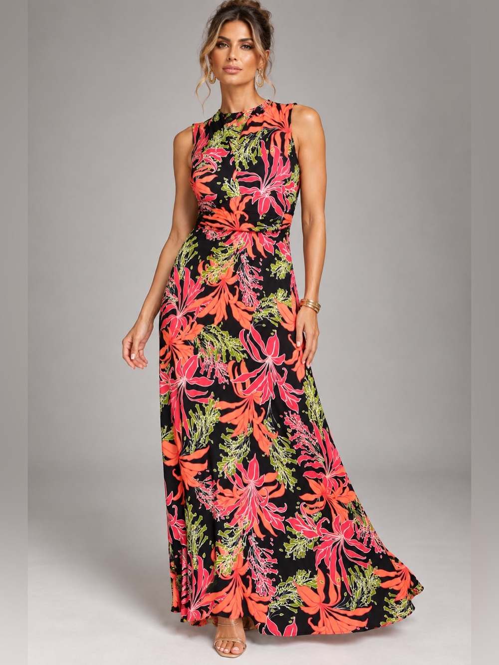 Vince Camuto XL Tropical Botanical Floral Maxi Dress Ruched Waist Sleeveless